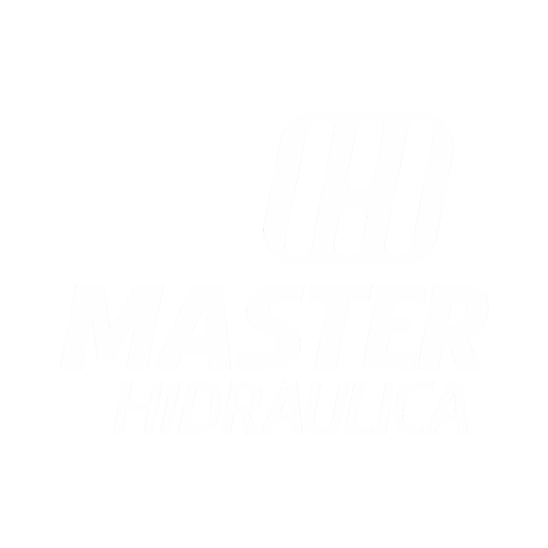 Logotipo da Master Hidráulica na cor branca sobre fundo escuro. Identidade visual aplicada no rodapé do site.