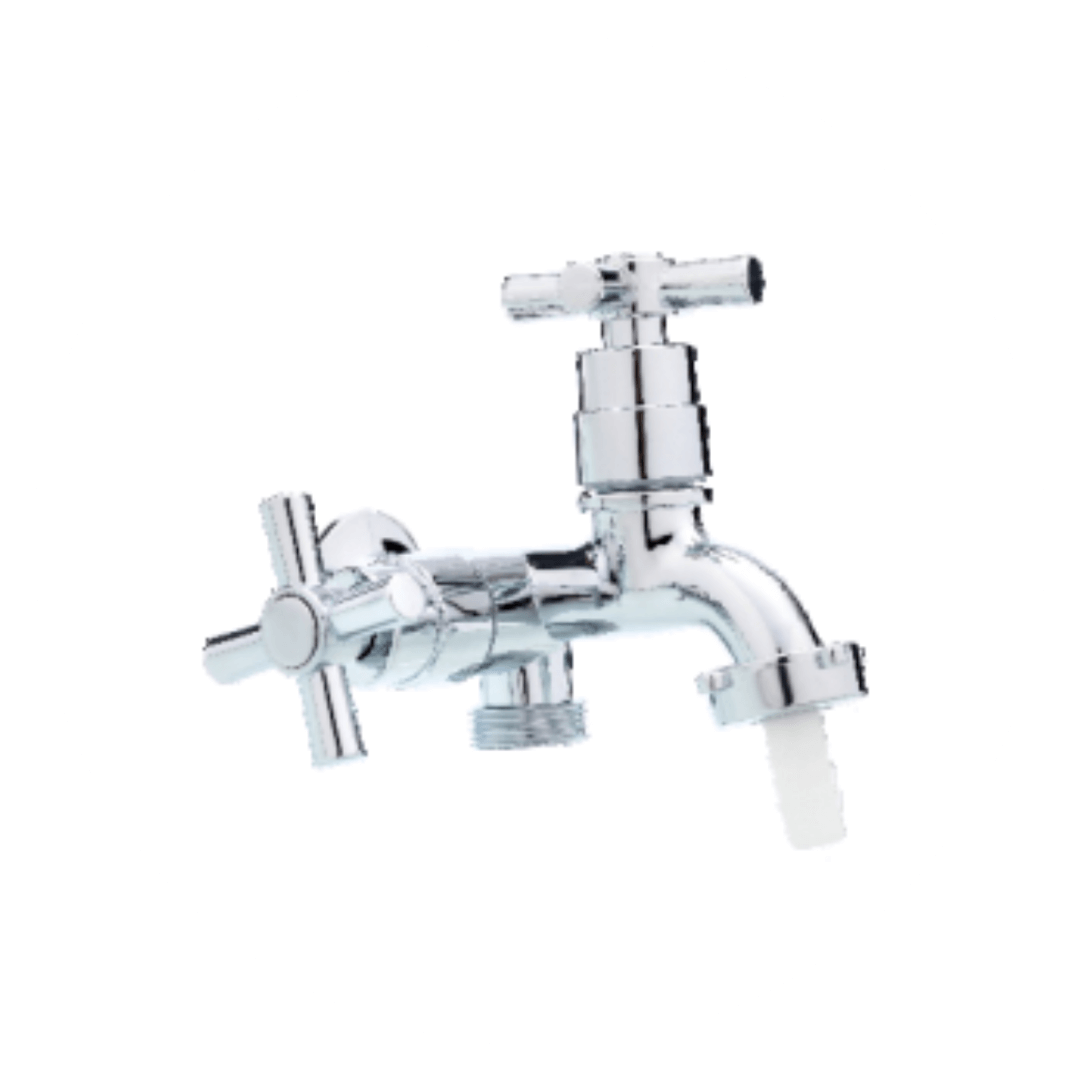 Torneira de parede fabricada em ABS cromado com dupla saída e volantes tipo cruzeta. Modelo ideal para lavanderias, permitindo conexão simultânea de tanque e máquina de lavar.
