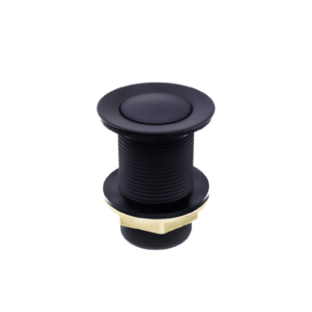 Válvula de escoamento tipo Click com acabamento preto fosco, ilustrando a linha de válvulas para pias, cubas e tanques da Master Hidráulica.